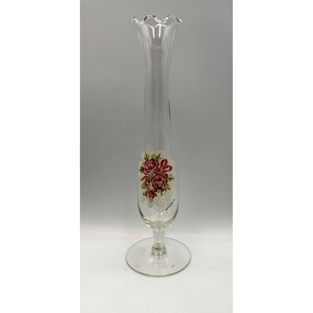 Vintage Glass Bud Vase, Hand Painted Rose Design, Ruffled Rim